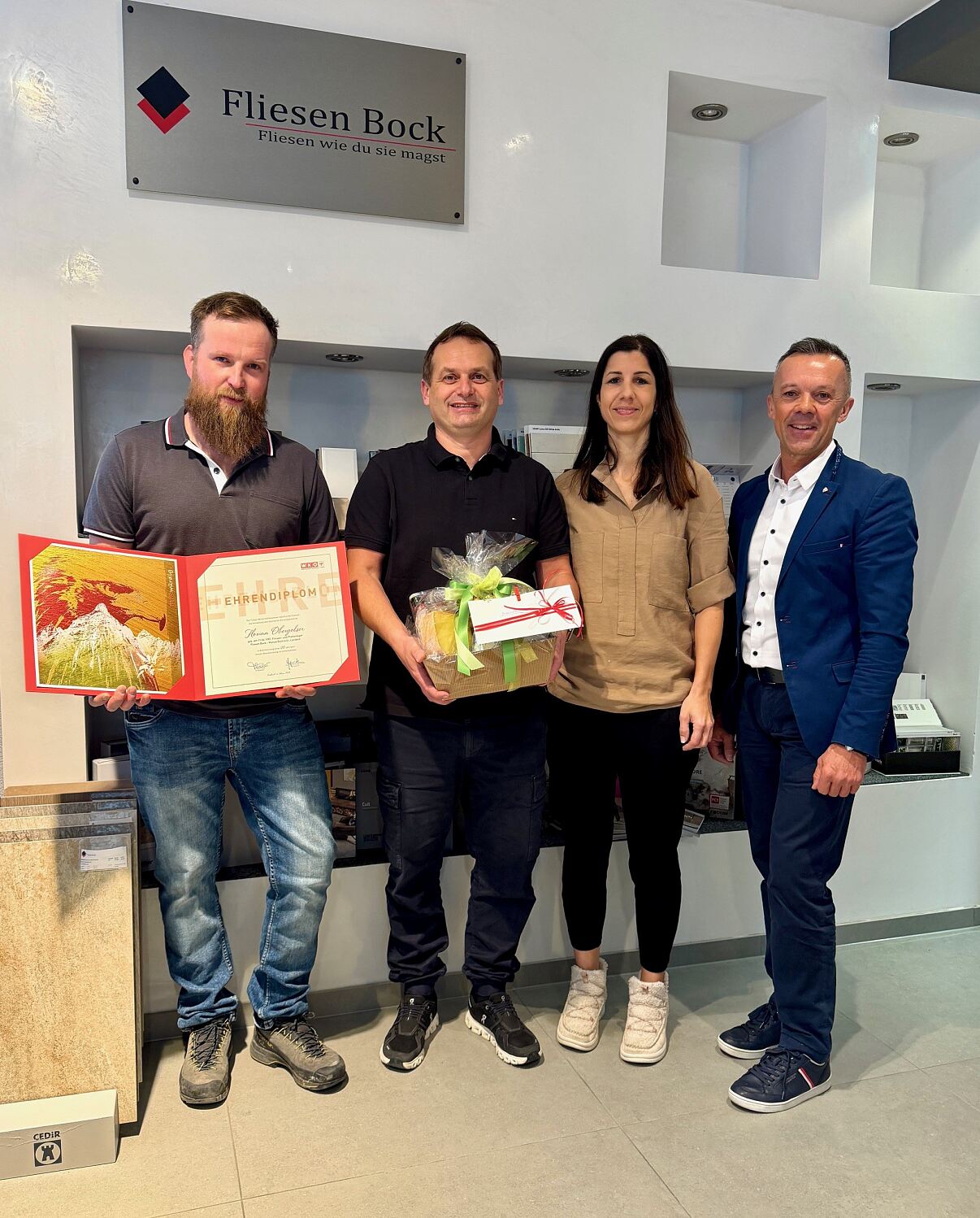 20 Jahre Fliesen Bock - Florian Obergolser, Marcel und Beate Bock, Otmar Ladner